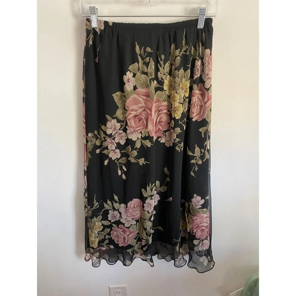 Jessica Howard Womens Floral Chiffon 2 Piece Skirt Set Black Pink Rose Maxi Top
